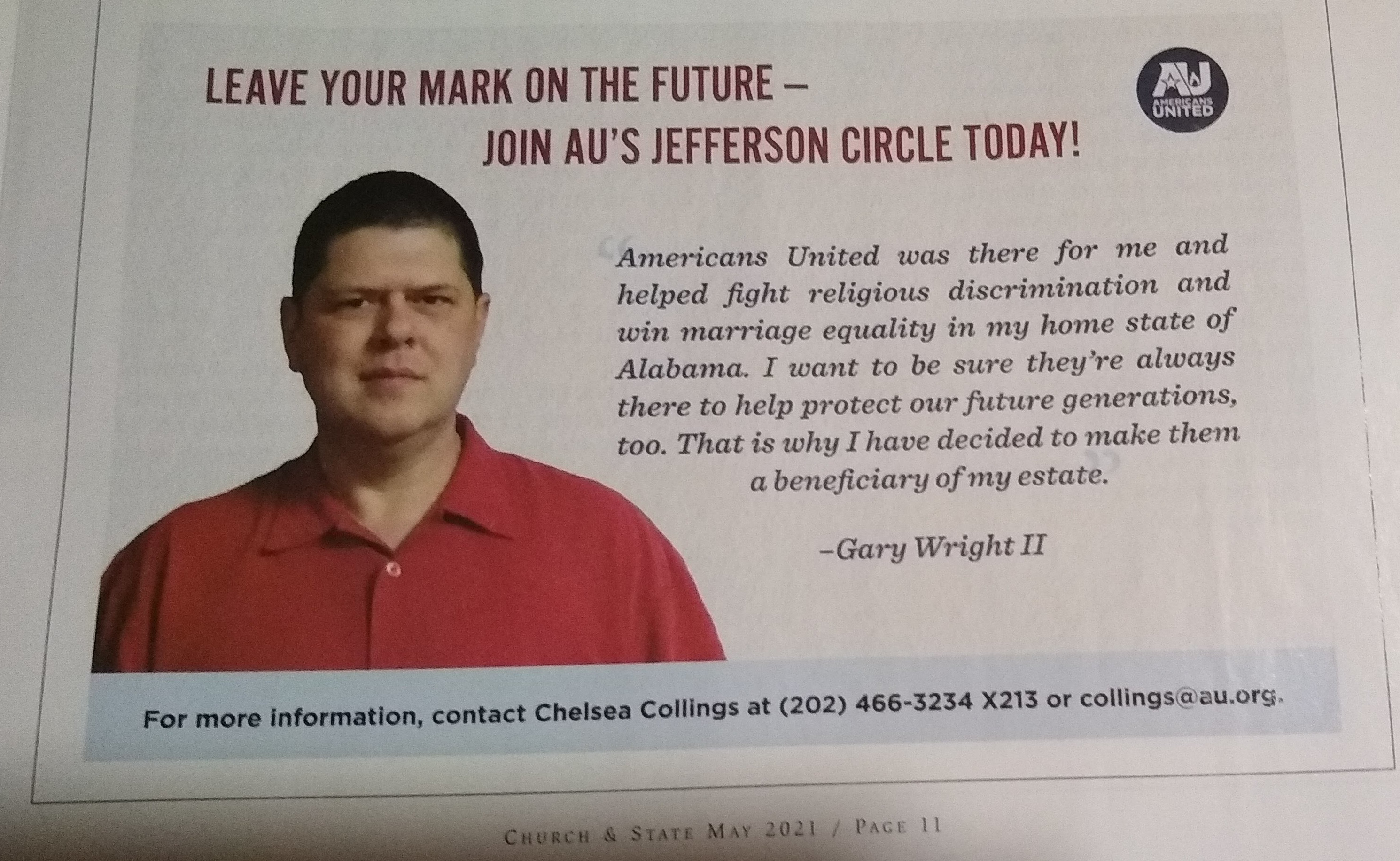 Gary Wright II in May 2021 Church & State Magazine for Americans United for Separation of Church and State