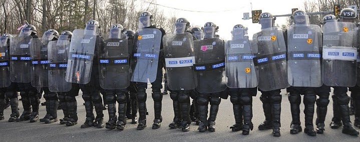 Riot police line up at the Bradley Manning support rally held at Quantico on 3/20/2011