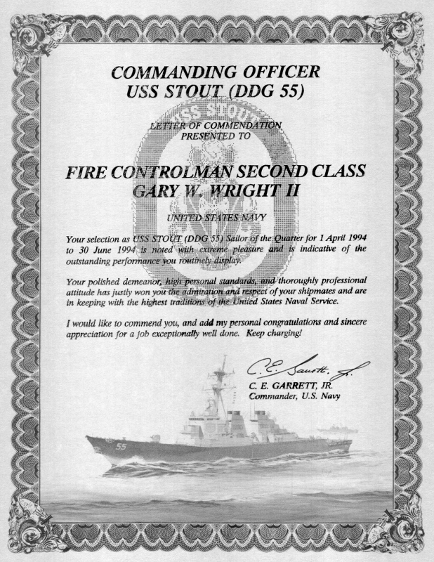 Gary Wright II receives Letter of Commendation for Sailor of the Quarter